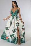 Ivory Green Leaf Print Cut-Out Maxi Dress