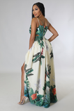 Ivory Green Leaf Print Cut-Out Maxi Dress