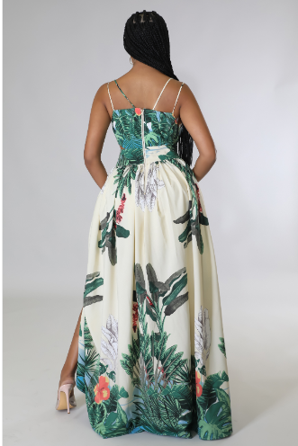Ivory Green Leaf Print Cut-Out Maxi Dress