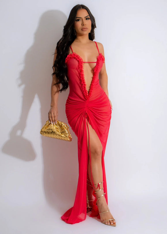 Ruched Sexy Red Lingerie Maxi Dress