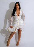 White Lace Buttoned Long Sleeve Mini Dress
