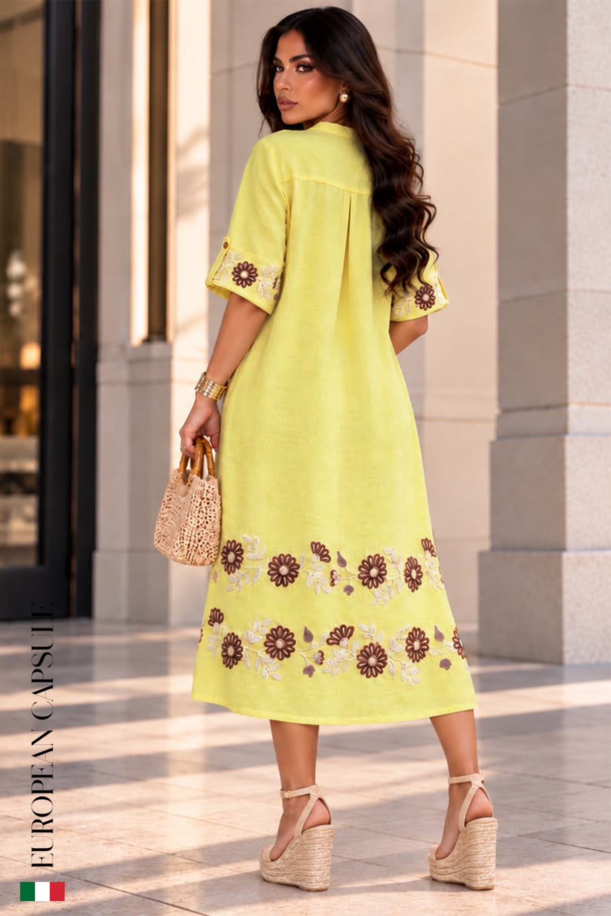 Italian Linen Petali Di Sole Dress- Yellow/Floral Bloom