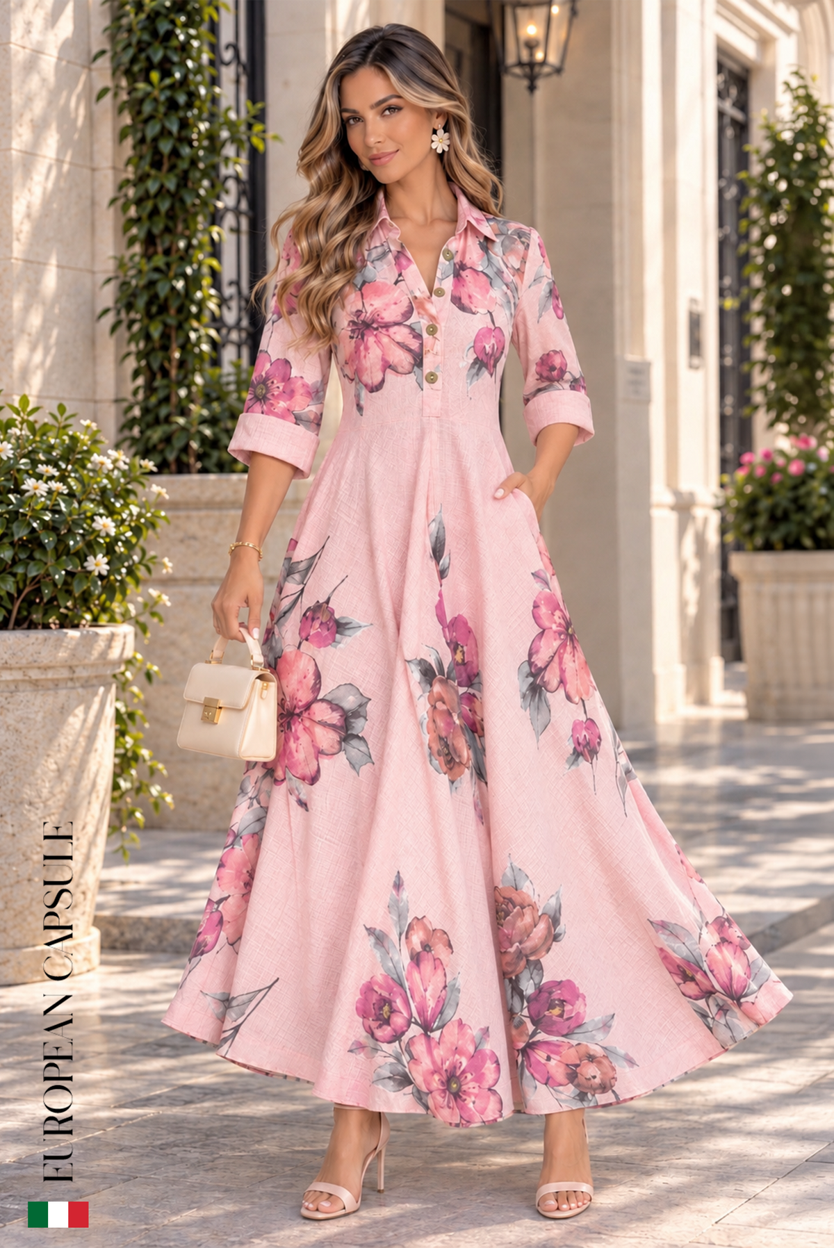Italian Linen Perugia Maxi Dress- Pink/Floral