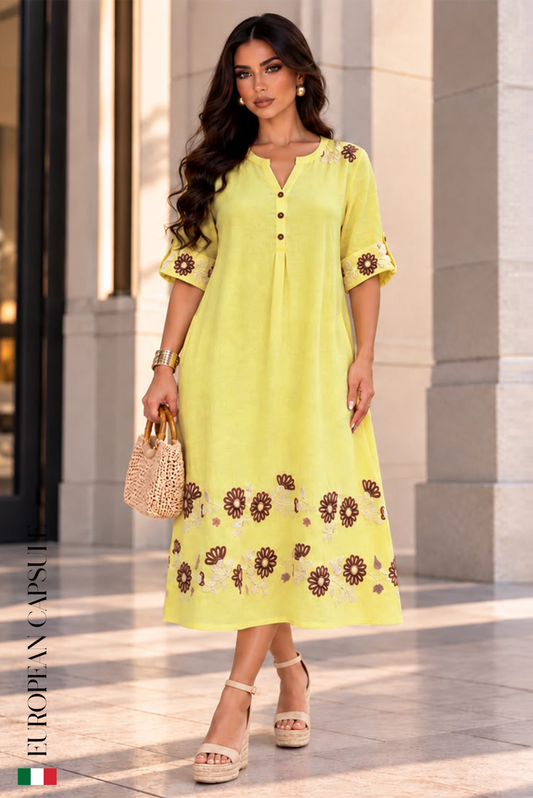 Italian Linen Petali Di Sole Dress- Yellow/Floral Bloom