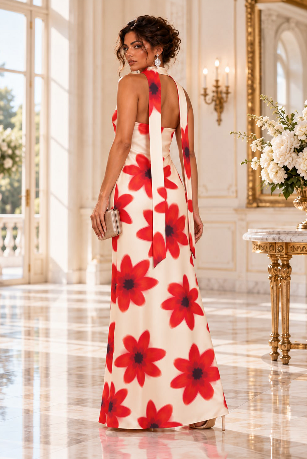 Envision Red Floral Maxi Dress w/ Neck Scarf