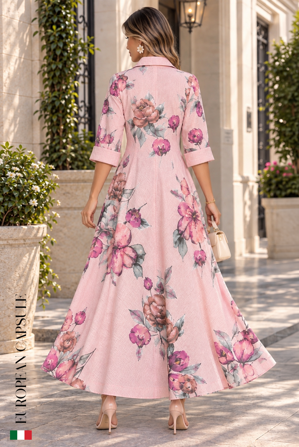 Italian Linen Perugia Maxi Dress- Pink/Floral