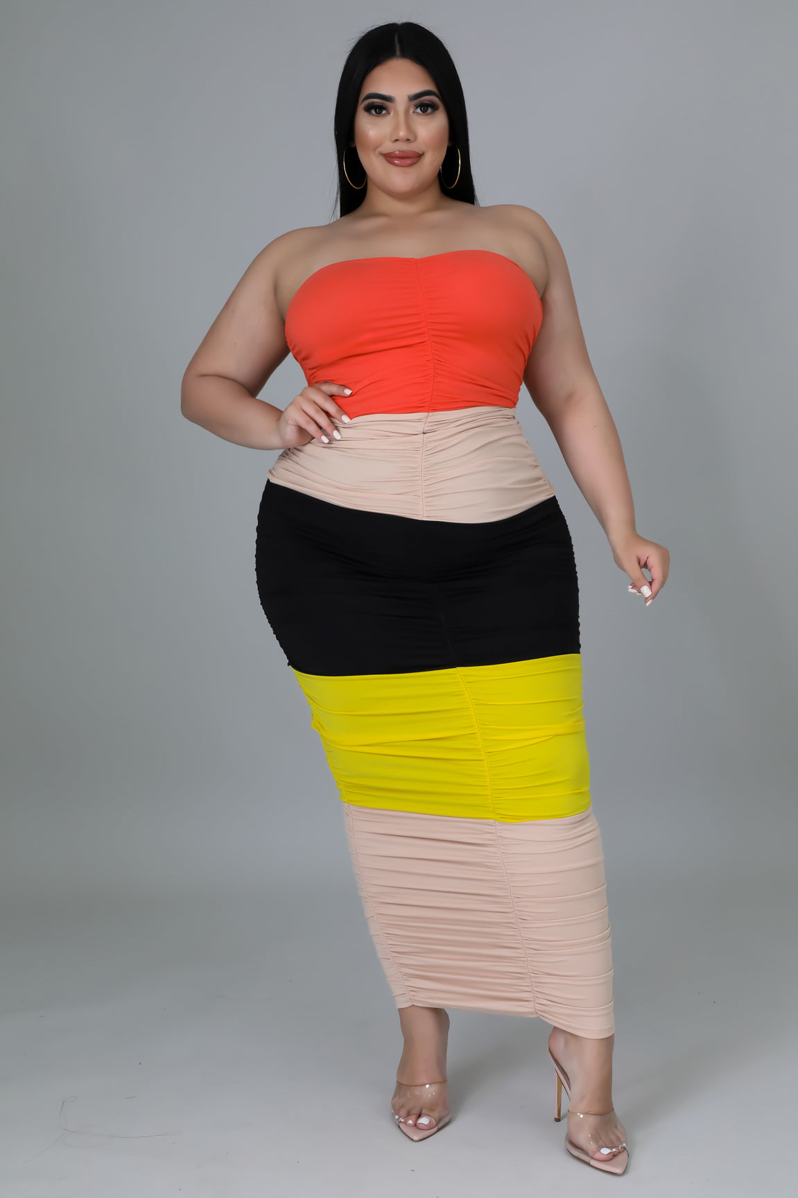 Plus Size Color Block Tube Ruched Dress