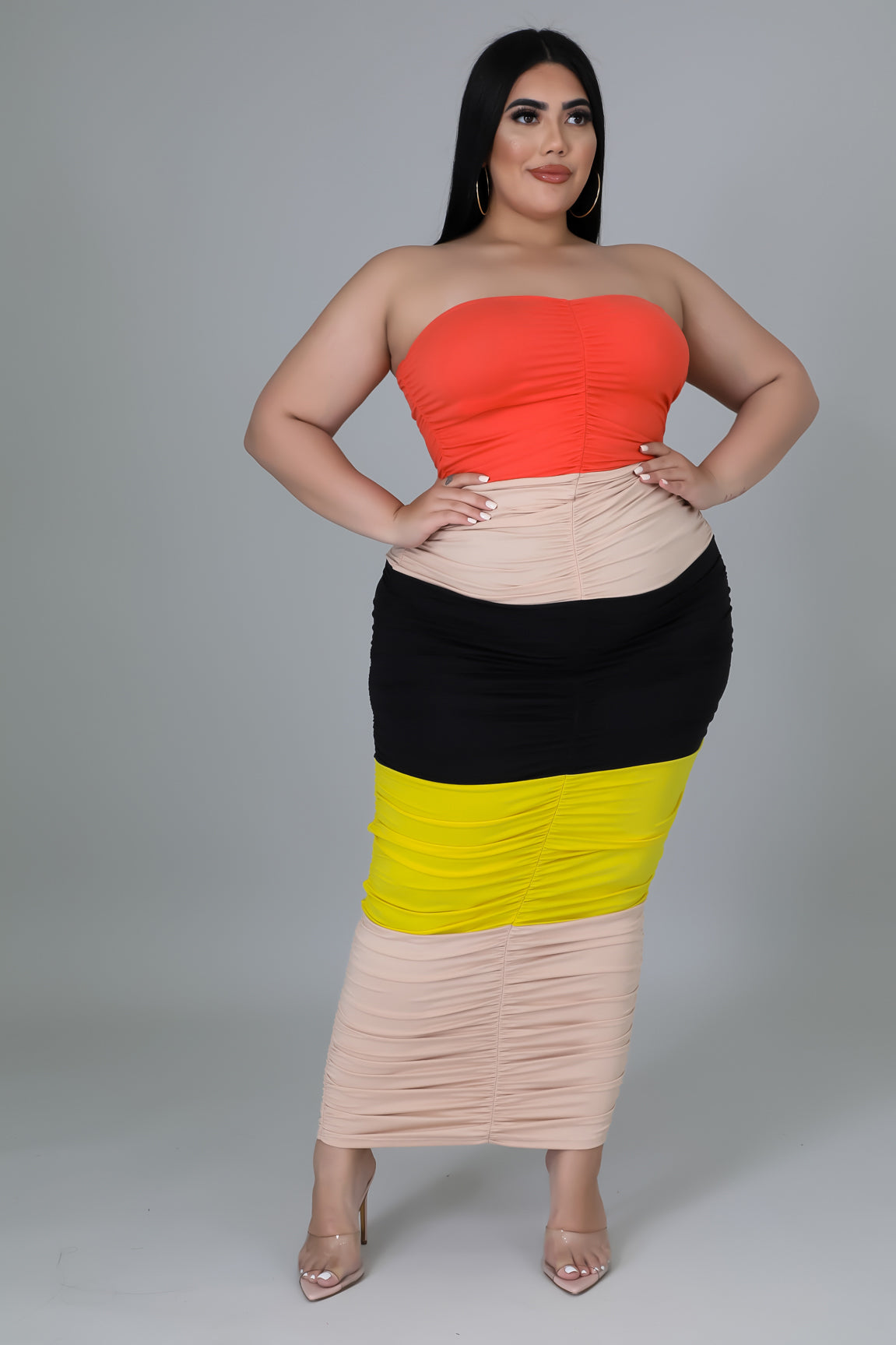 Plus Size Color Block Tube Ruched Dress