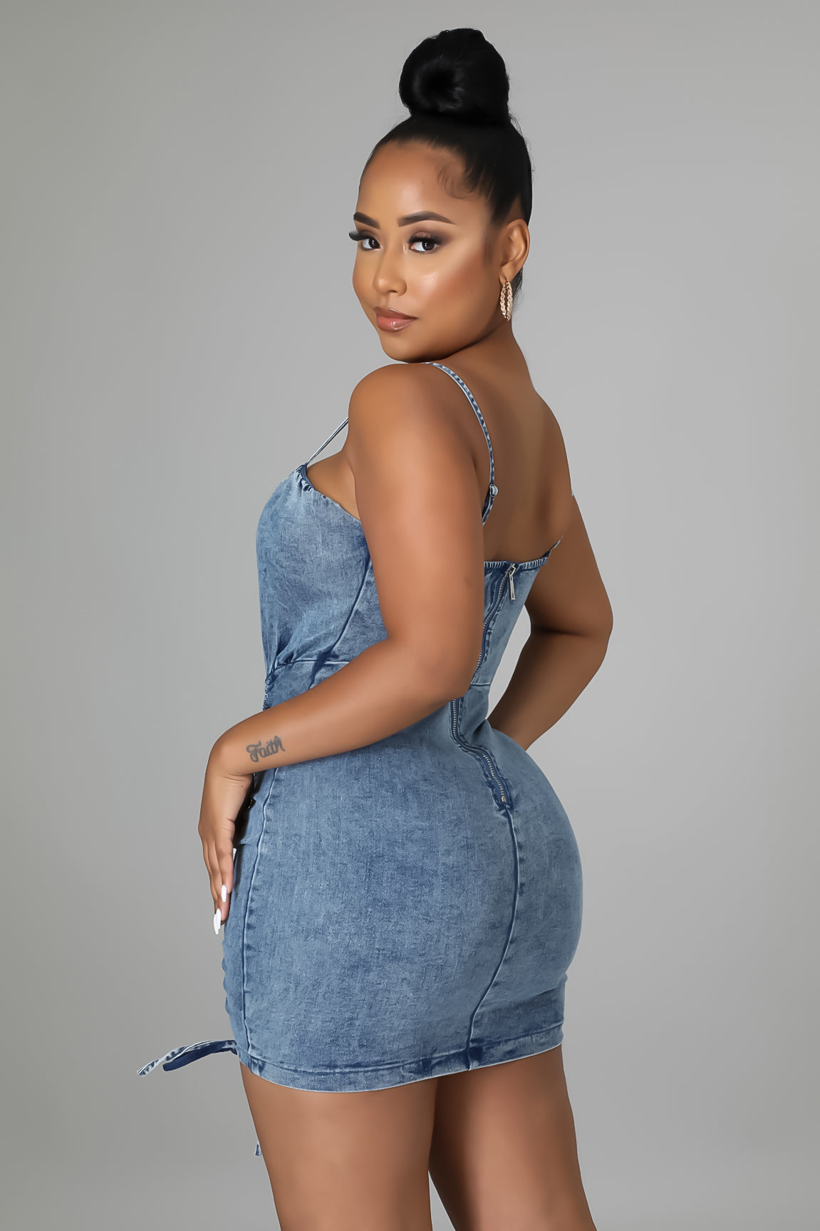 Washed  Denim Mini Ruched Dress