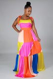 multicolored patched ribbon tiered maxi dress