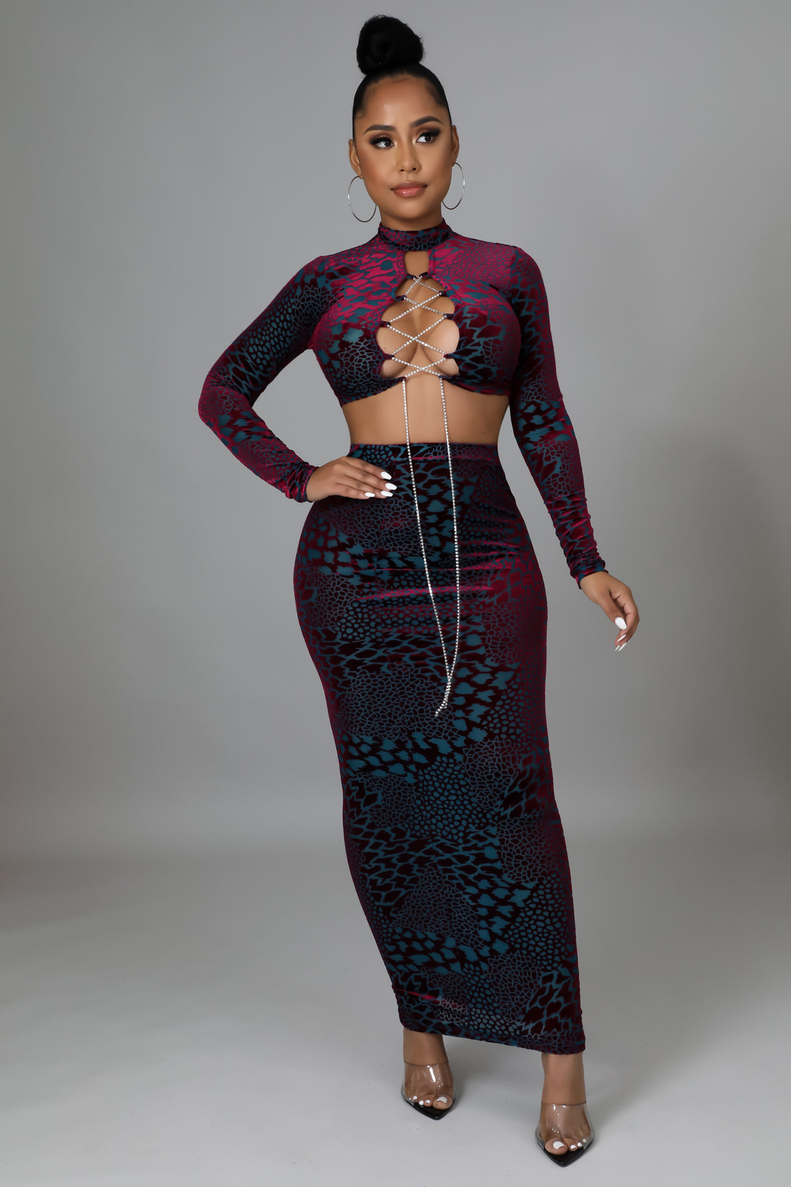 Diamond String Velvet Skirt Set