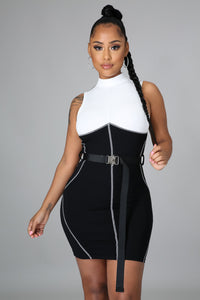 Belted Black & White Mini Dress