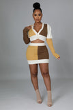 Knitted Color Block Mini Skirt & Cardigan Set