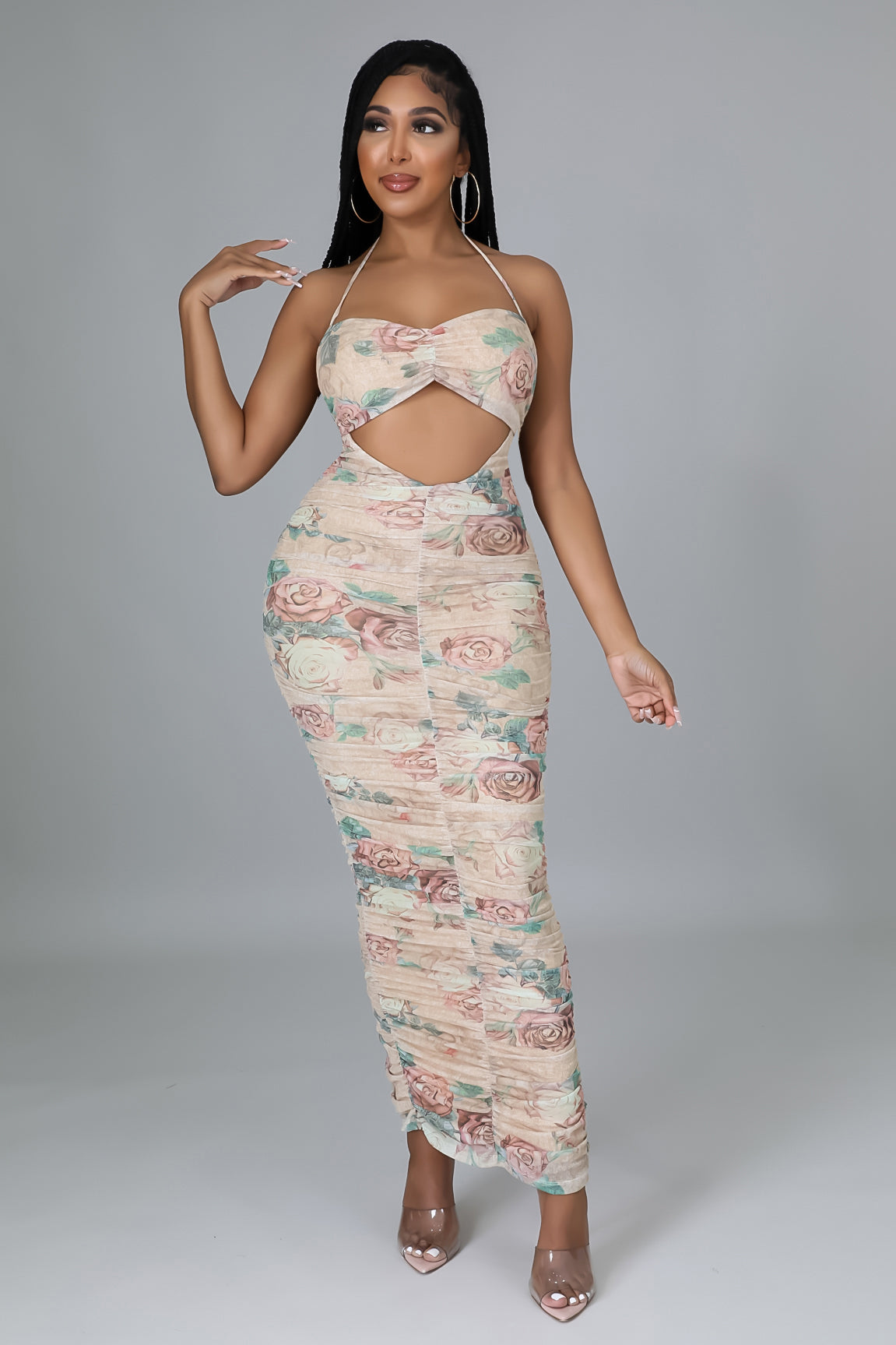 Flower Patterned Ruched Back Slit Nude Dress