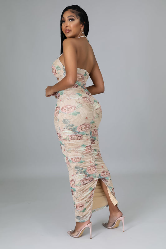 Flower Patterned Ruched Back Slit Nude Dress