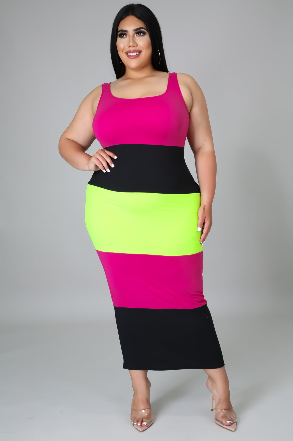 Plus Size Wide Striped Colorblock Midi Dress