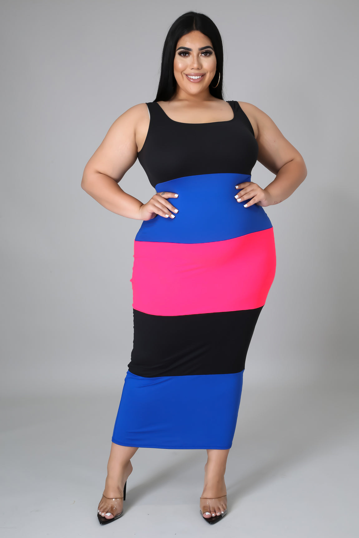 Plus Size Wide Striped Colorblock Midi Dress