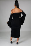 Long Sleeved Ruched Midi Black Dress
