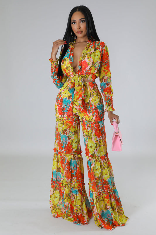 Multi Yellow Vacation Ruffled Pants Set