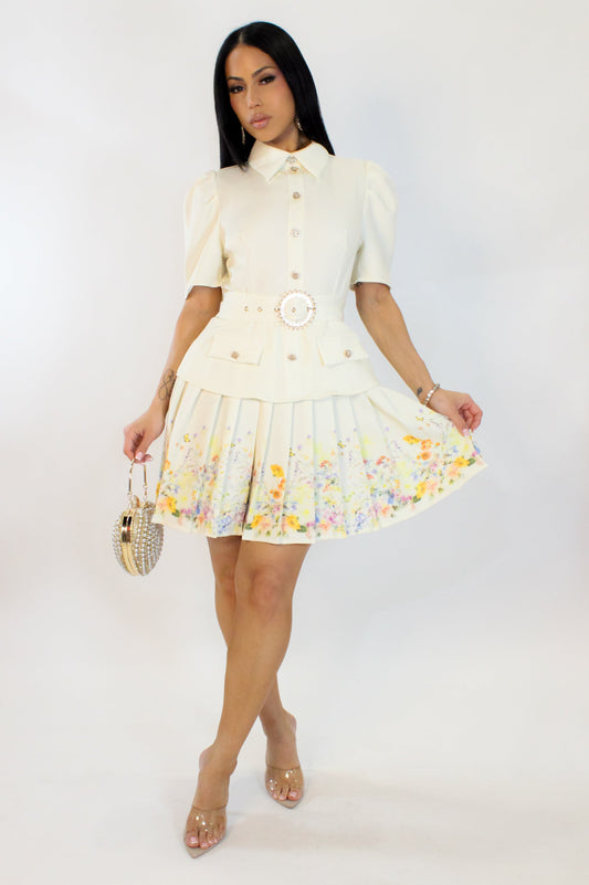 Summer Dreams Pleated Bottom Midi Dress- Cream/Multi