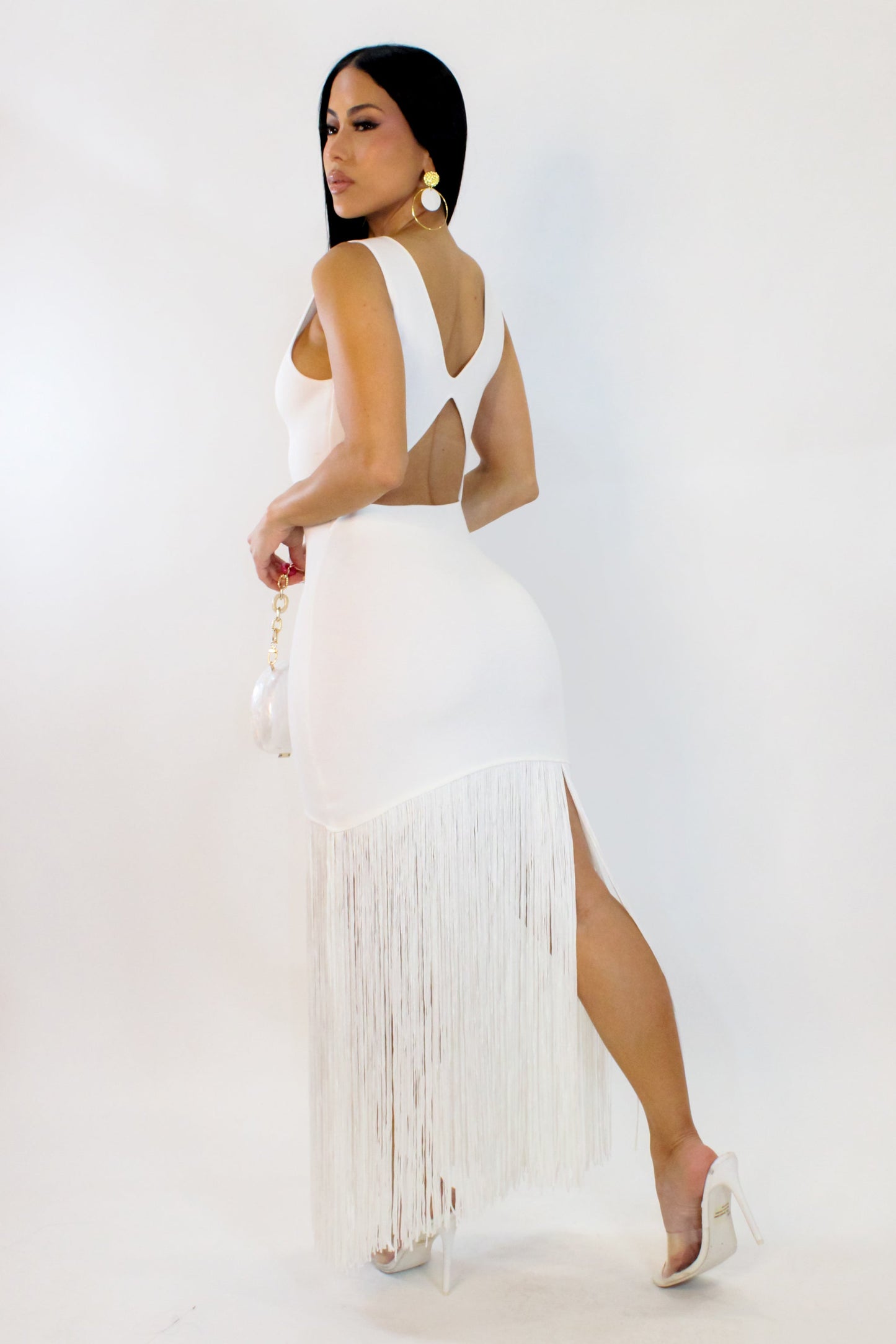 Tassel Bottom Midi Dress- White