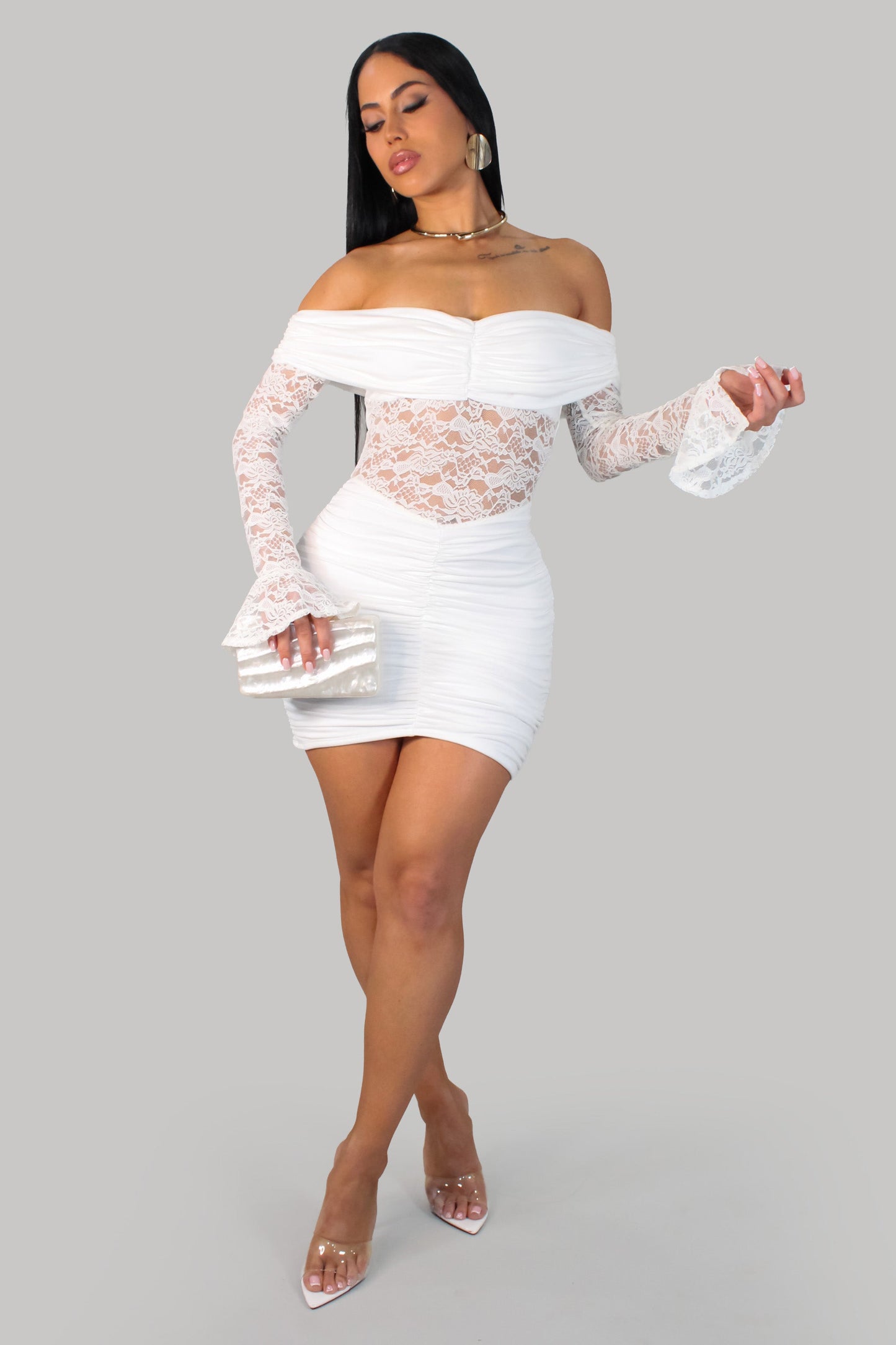 Meadow Haven Ruched Lace Mini Dress- White