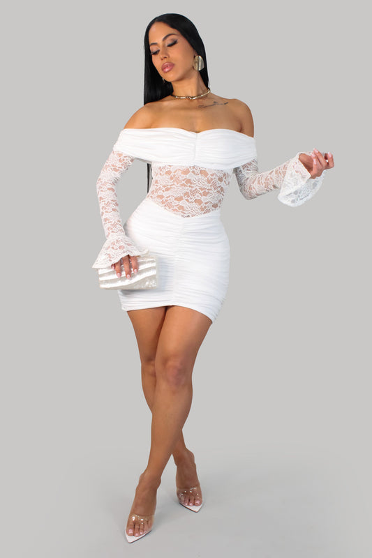 Meadow Haven Ruched Lace Mini Dress- White