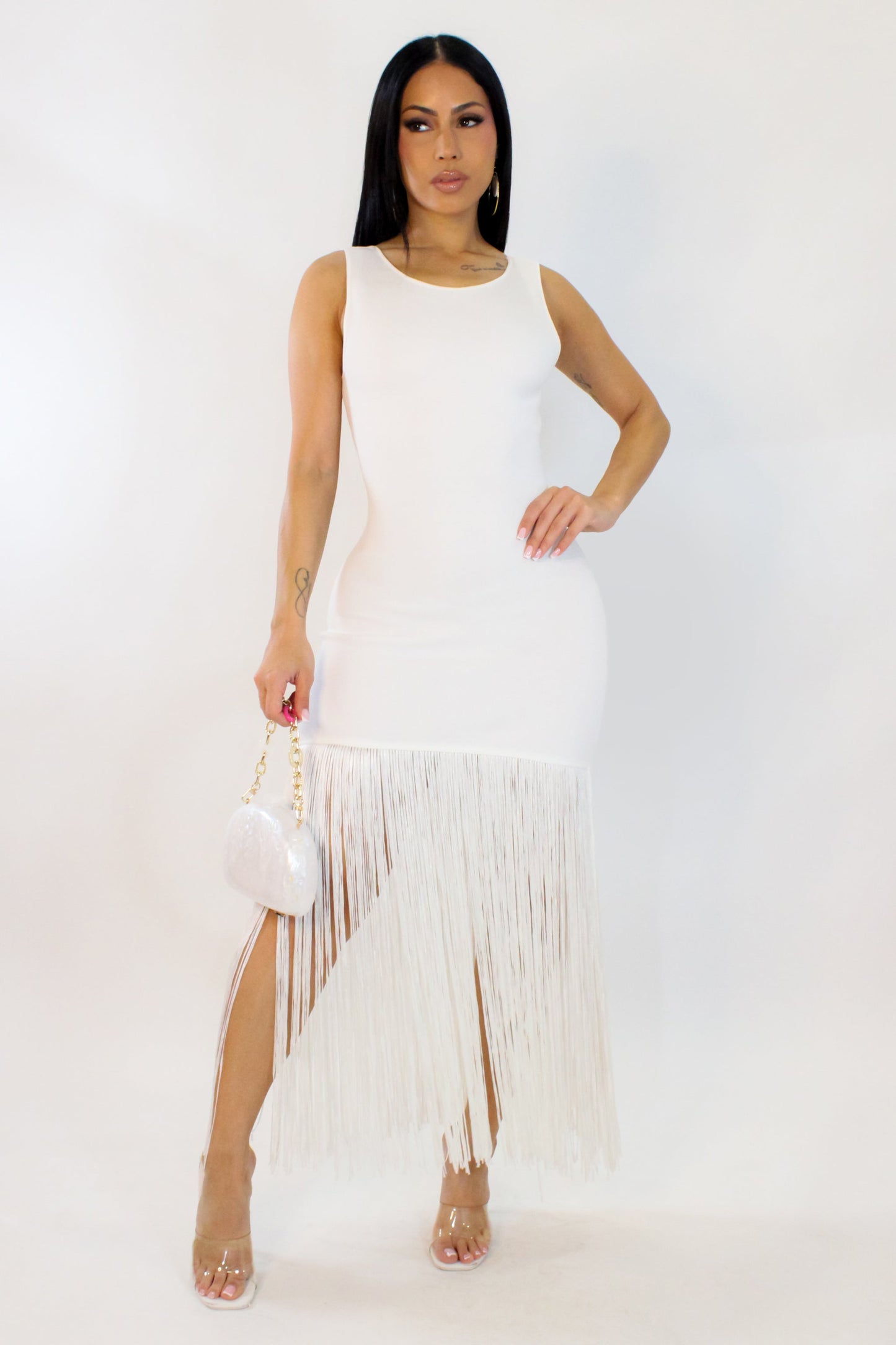 Tassel Bottom Midi Dress- White
