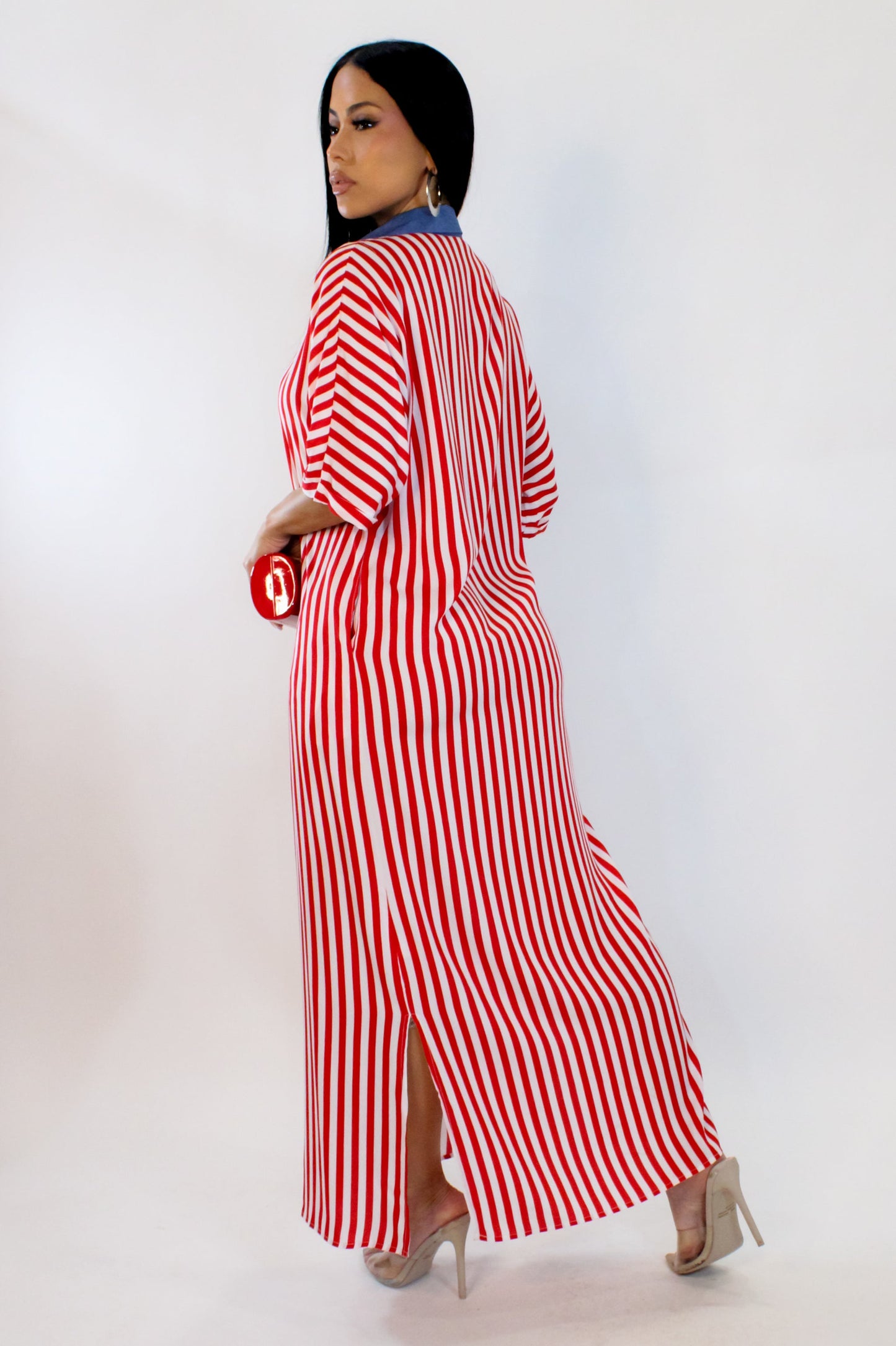 Relaxed Striped Midi Dress- Red