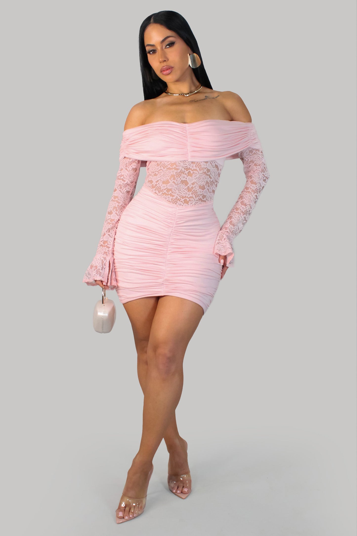 Meadow Haven Ruched Lace Mini Dress- PInk