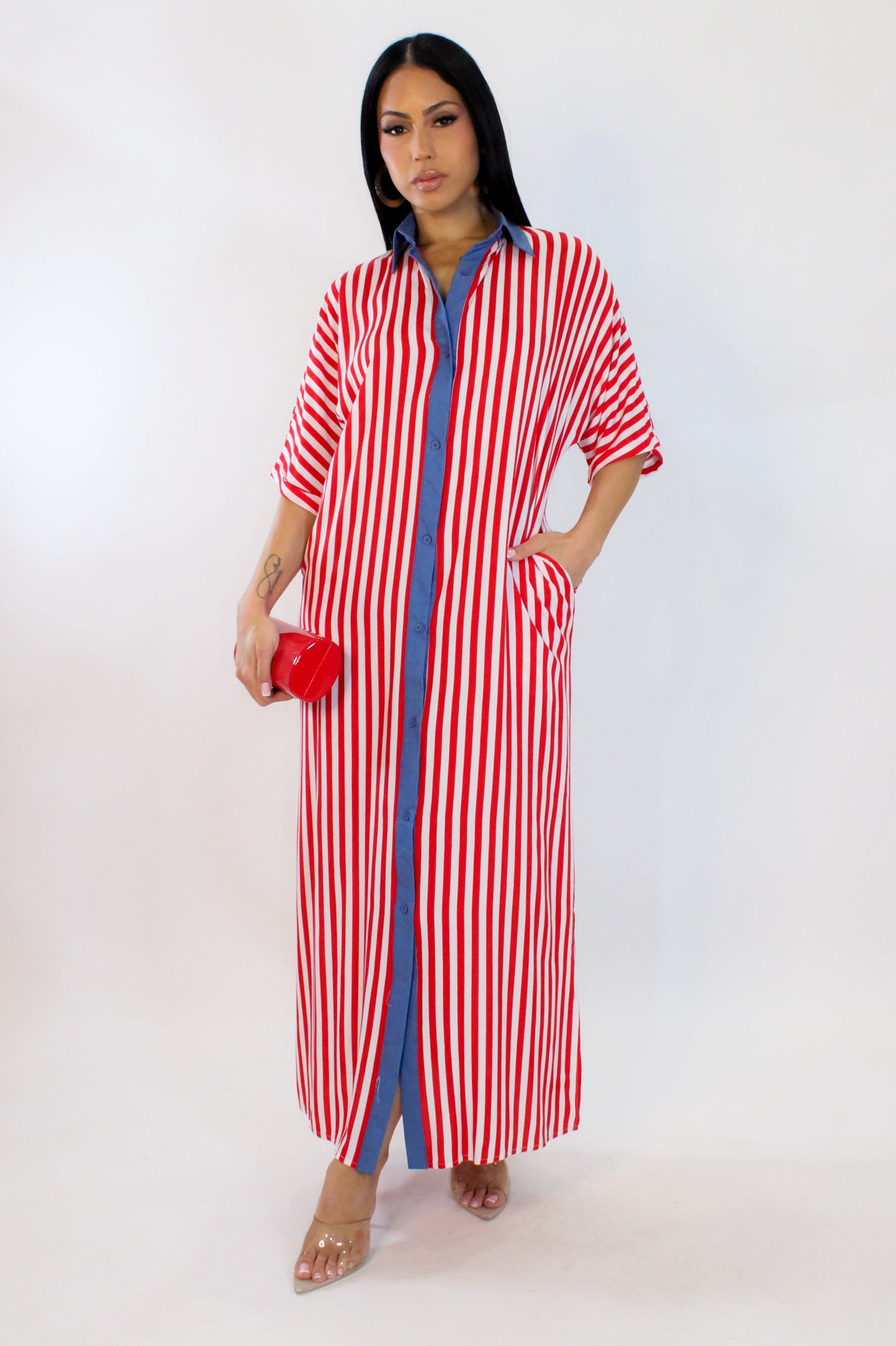 Relaxed Striped Midi Dress- Red