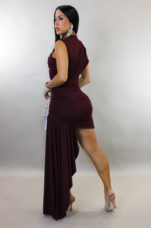 Off the Script Ruched Mini Dress- Burgundy