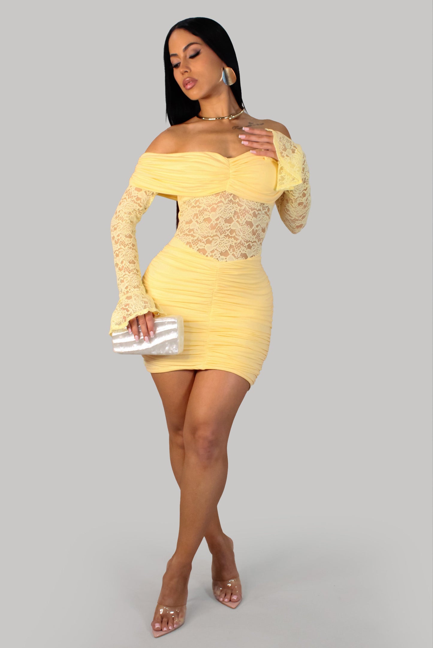 Meadow Haven Ruched Lace Mini Dress- Yellow