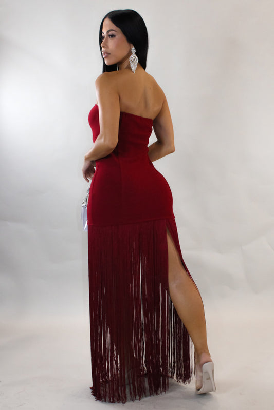 Uncommon Nights Tassle Maxi Dress-Burgundy