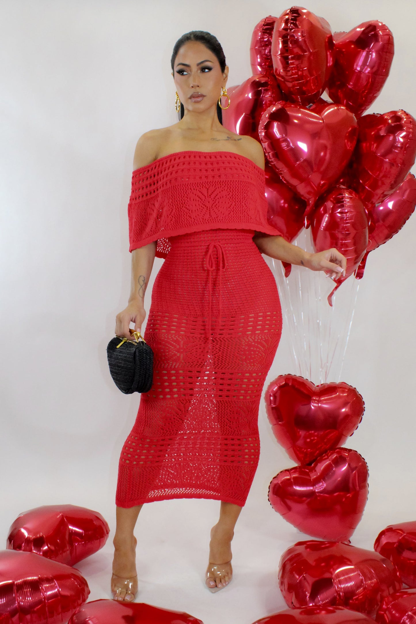 Off the Shoulder Beach Crochet Midi Dress- Red