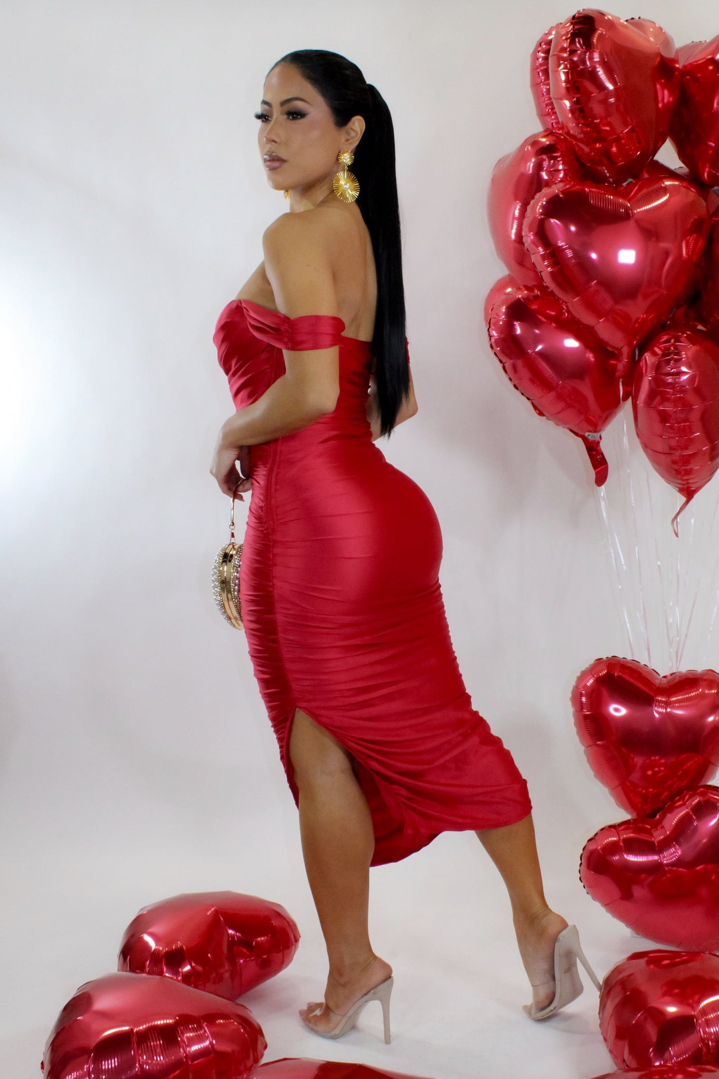 Gather Around Ruched Dress- Red