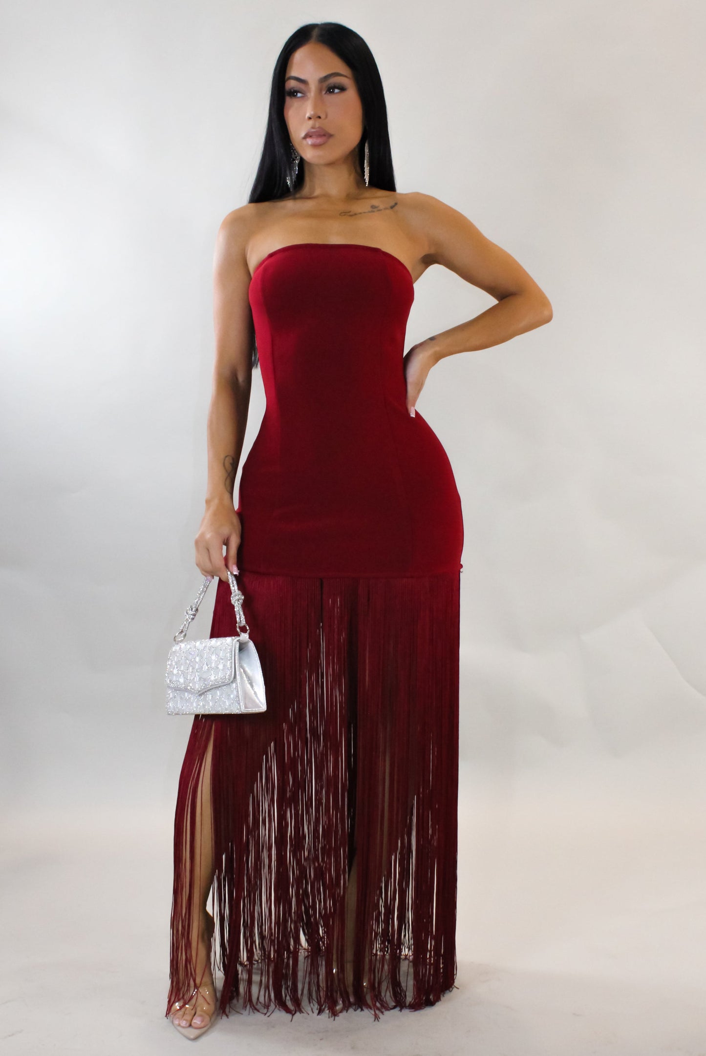 Uncommon Nights Tassle Maxi Dress-Burgundy