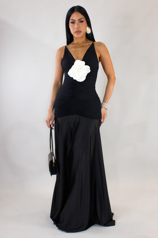 White 3D Flower on Black Maxi Dress