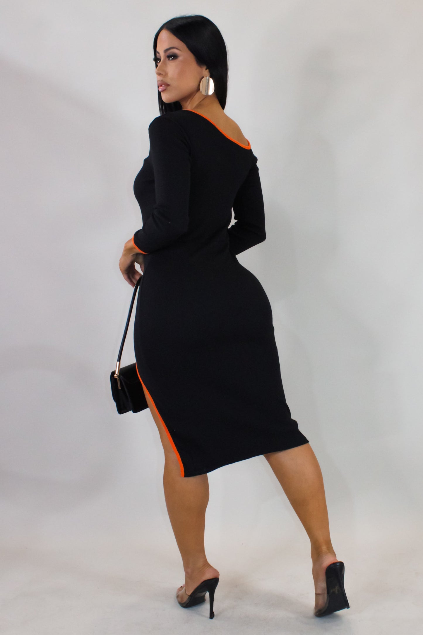 Thigh Slit Mini Dress- Black/Orange