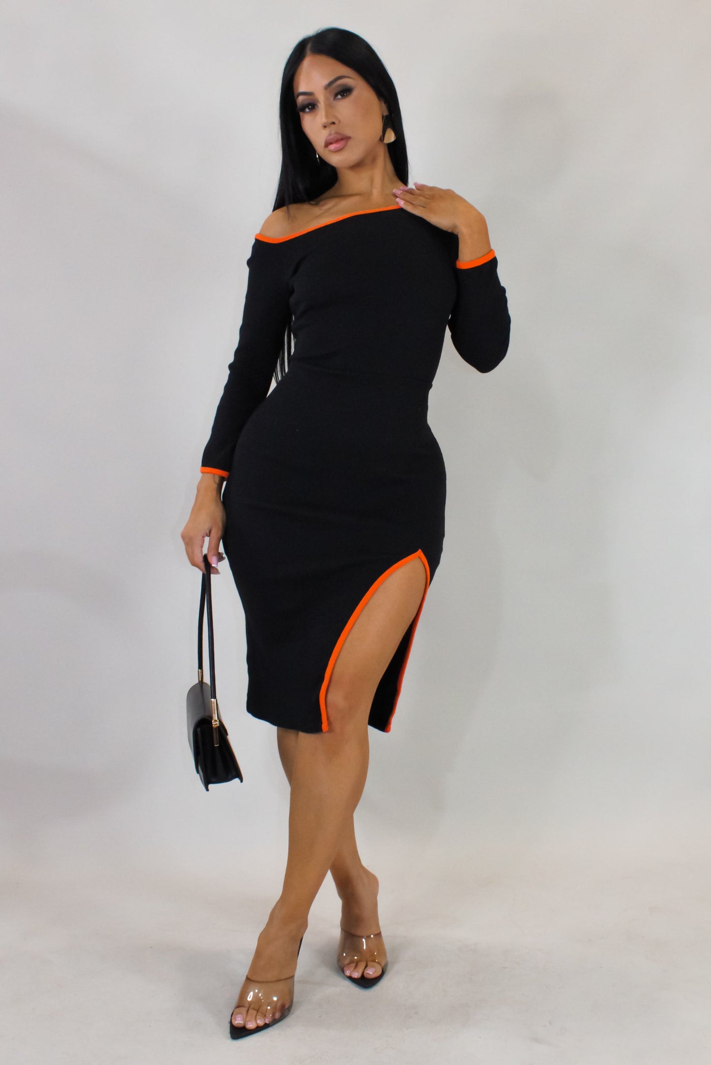 Thigh Slit Mini Dress- Black/Orange