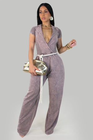 Acid Wash Jumpsuit w/ Rope Tie- Taupe