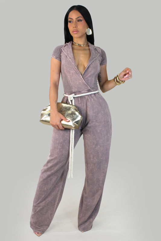Acid Wash Jumpsuit w/ Rope Tie- Taupe