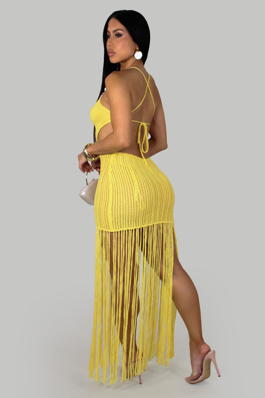 Stare into the Sunlight Crochet Fringe Maxi Swimwear Dress- Yellow
