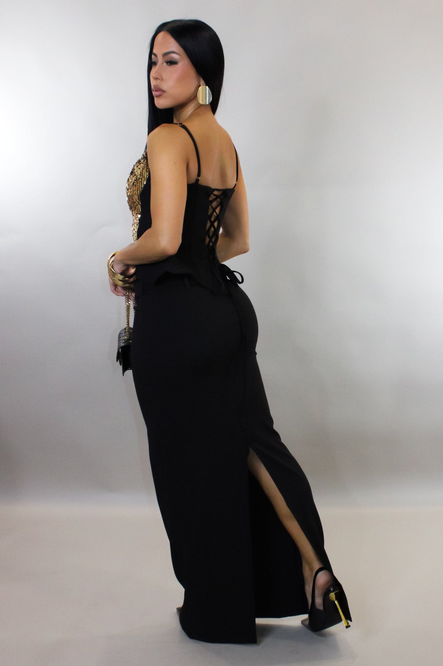 Gold Sequin Peplum Topped Exquisite Skirt Set- Black/Gold