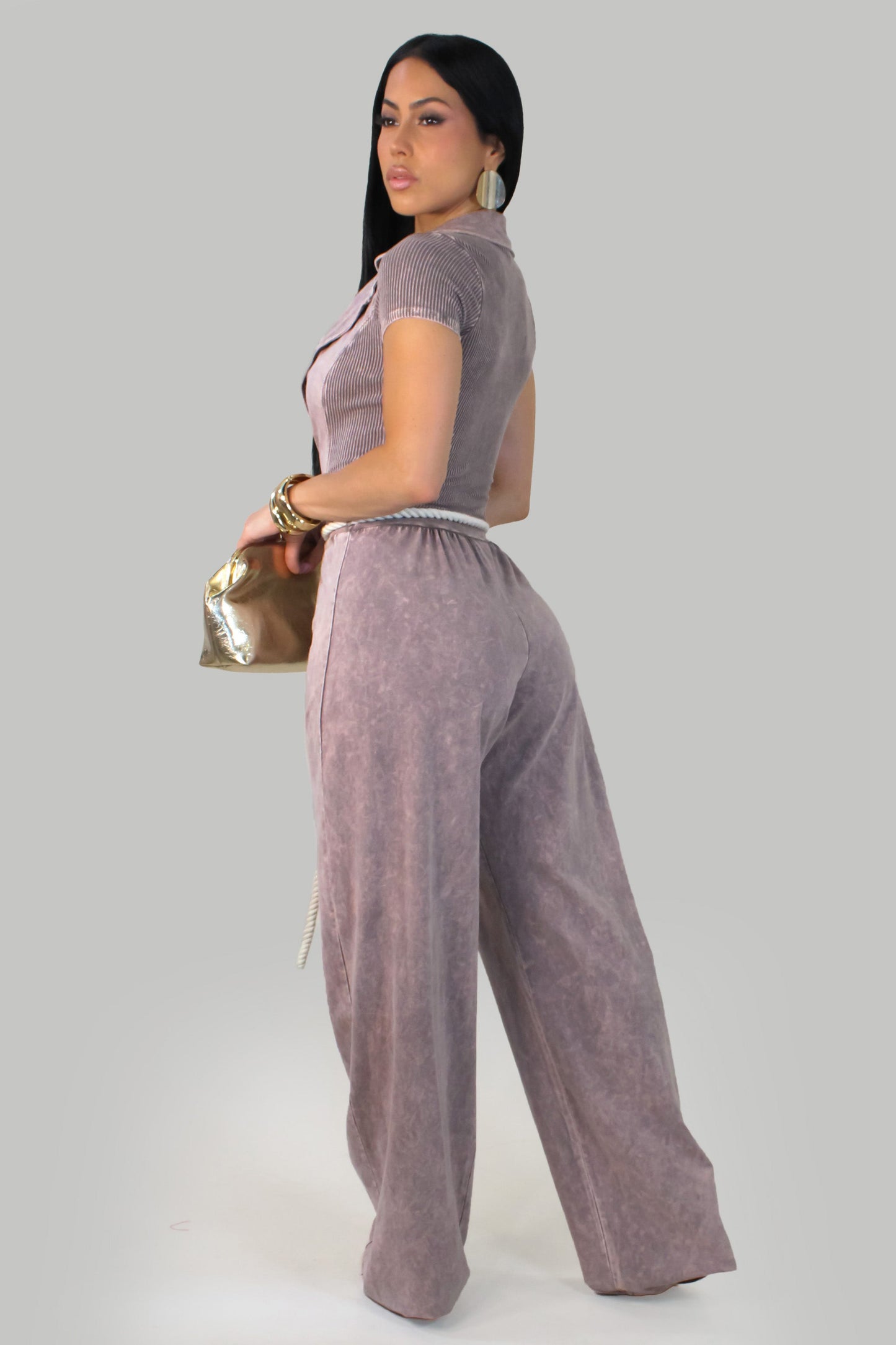 Acid Wash Jumpsuit w/ Rope Tie- Taupe