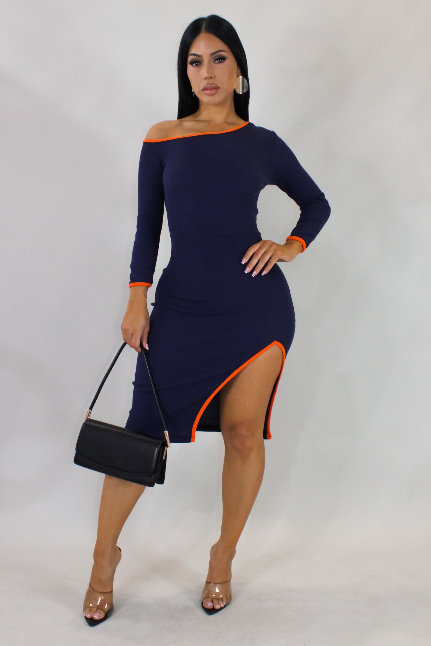 Thigh Slit Mini Dress- Navy/Orange