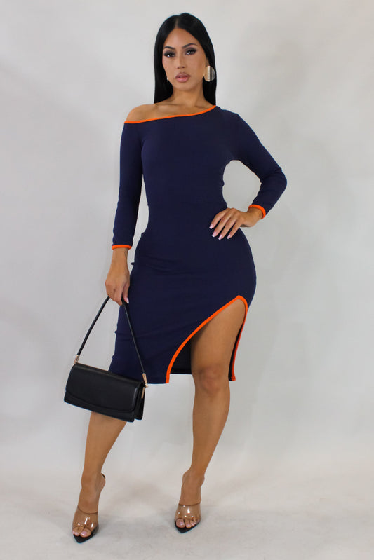 Thigh Slit Mini Dress- Navy/Orange