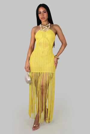Stare into the Sunlight Crochet Fringe Maxi Swimwear Dress- Yellow