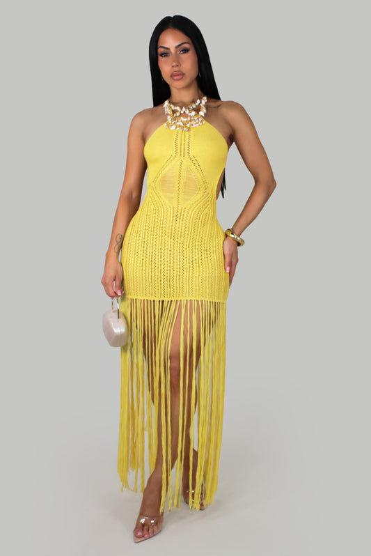 Stare into the Sunlight Crochet Fringe Maxi Swimwear Dress- Yellow