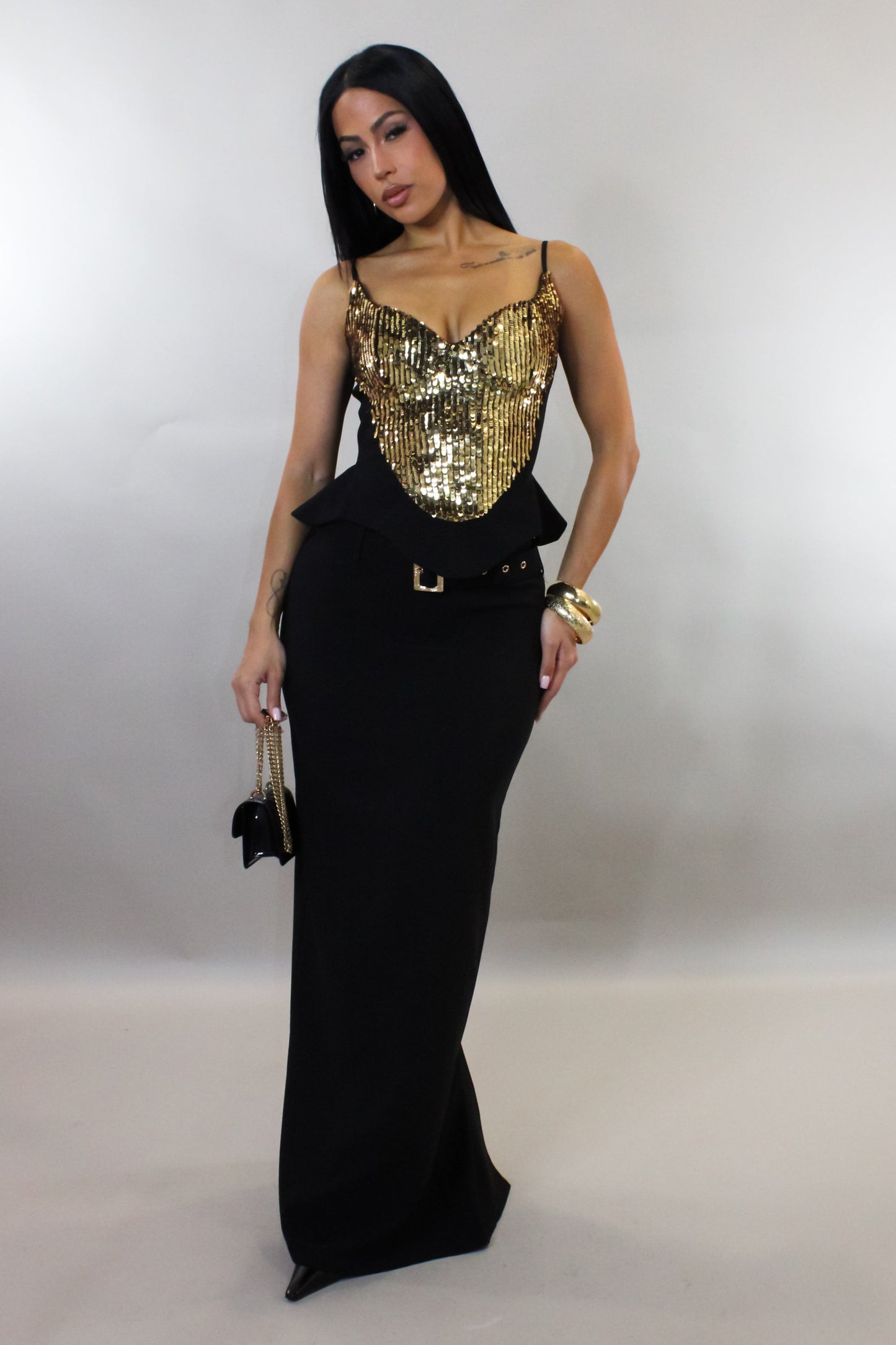 Gold Sequin Peplum Topped Exquisite Skirt Set- Black/Gold